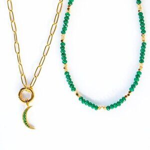 BUNDLE Green Beaded Necklace AND Moon Pendant Waterproof Non-tarnish Gold PRETTY